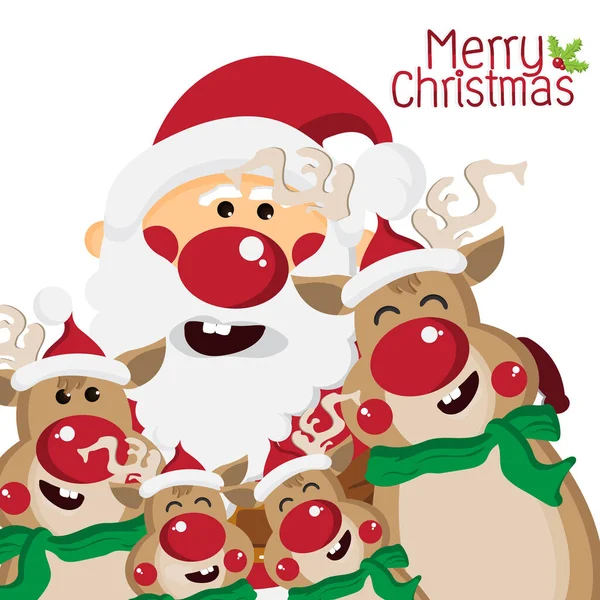 圣诞老人和驯鹿家庭圣诞祝福卡通人物 新年快乐概念 卡片和海报设计 病媒图解 免版税图库插图