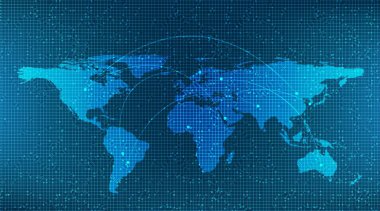 Koyu mavi teknolojili Dijital Küresel Ağ Sistemi Arkaplan, Bağlantı ve İletişim Kavramı Tasarımı, Vektör illüstrasyonu.