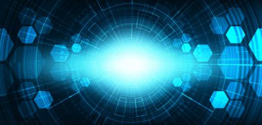 Mavi Arkaplan, gelecek ve hız teknolojisi üzerine Işık Fütüristik Dijital Devre Ağı Tasarım, Vektör illüstrasyonu.