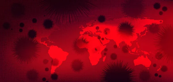 Brote Células Coronavirus 2019 Ncov Red World Map Background Design — Vector de stock