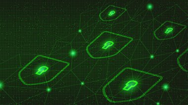 Dijital Teknoloji Kalkan Güvenliği, Virüs ve büyük veri kavramı arkaplan tasarımı. Vektör illüstrasyonu.