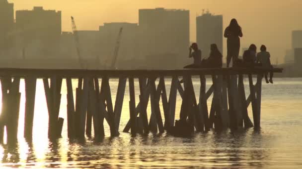 Família silhueta desfrutar de vista do nascer do sol na ponte de madeira — Vídeo de Stock
