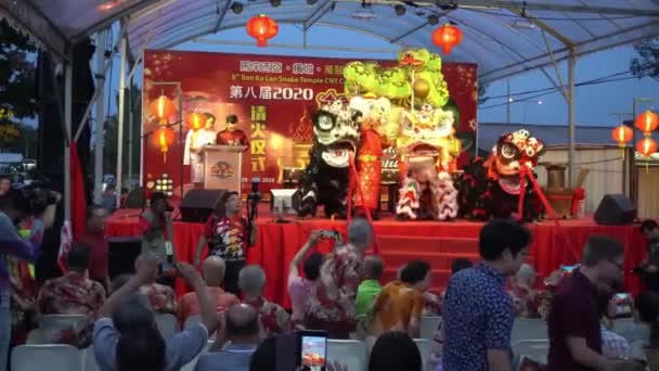 Čínský lev tanec s požehnáním prapor, had tanec na pódiu v hadím chrámu. — Stock video