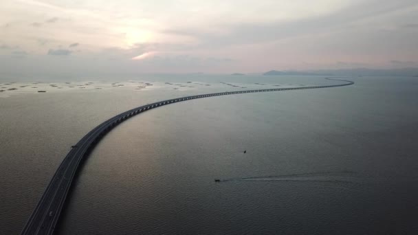 Aerial View Boat Move Penang Second Bridge — Stock Video