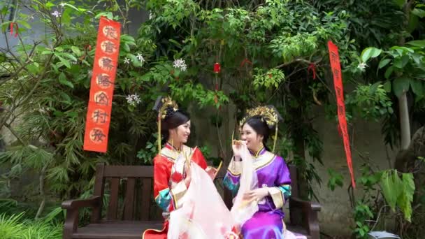 Twee meisje in traditionele Chinese doek Hanfu glimlach. — Stockvideo