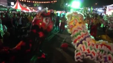 Aslan, Çin Yeni Yıl kutlamaları sırasında kalabalığın önünde dans eder.