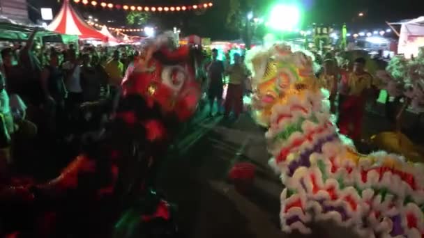 Baile de león frente a la multitud durante la celebración del año nuevo chino. — Vídeo de stock