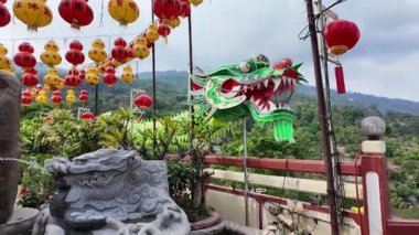 Ayer Itam, Penang, Malezya - Şubat 04 2024: Kek Lok Si Tapınağı 'ndaki bir çeşmenin kenarındaki bir ejderha heykeli