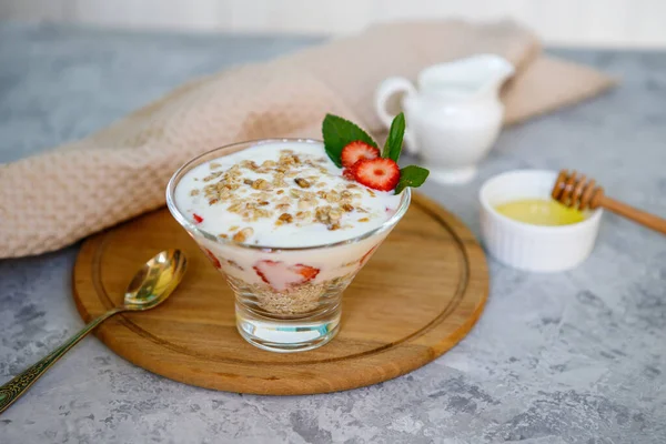 Healthy Breakfast Strawberry Parfait Fresh Fruits Yogurt Granola Gray Table Royalty Free Stock Images