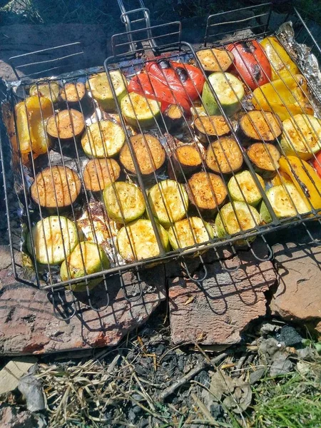 烤蔬菜 夏季派对野餐 在火上煮熟的美味健康蔬菜 — 图库照片
