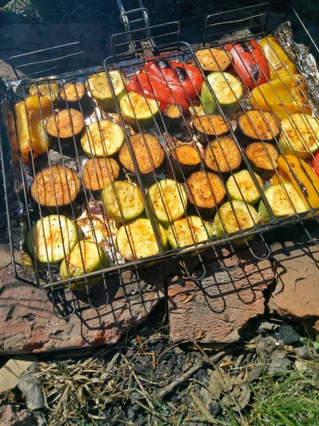 夏季野餐 在烤架上烹饪蔬菜 美味和健康的食物 在烤架上开胃的西葫芦 茄子和红甜椒 — 图库照片