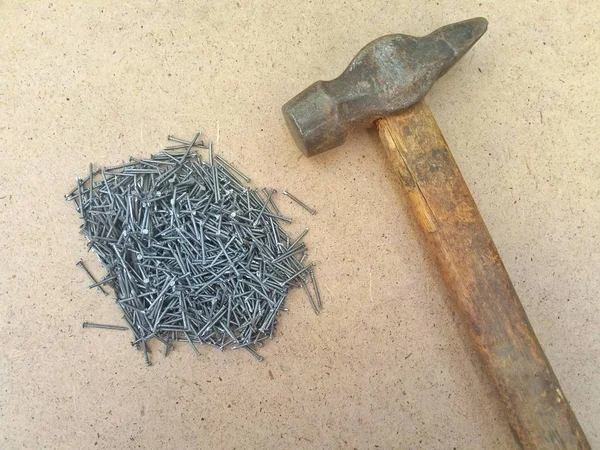 Construction Tools Wooden Background Hammer Close Nails — Stock Photo, Image