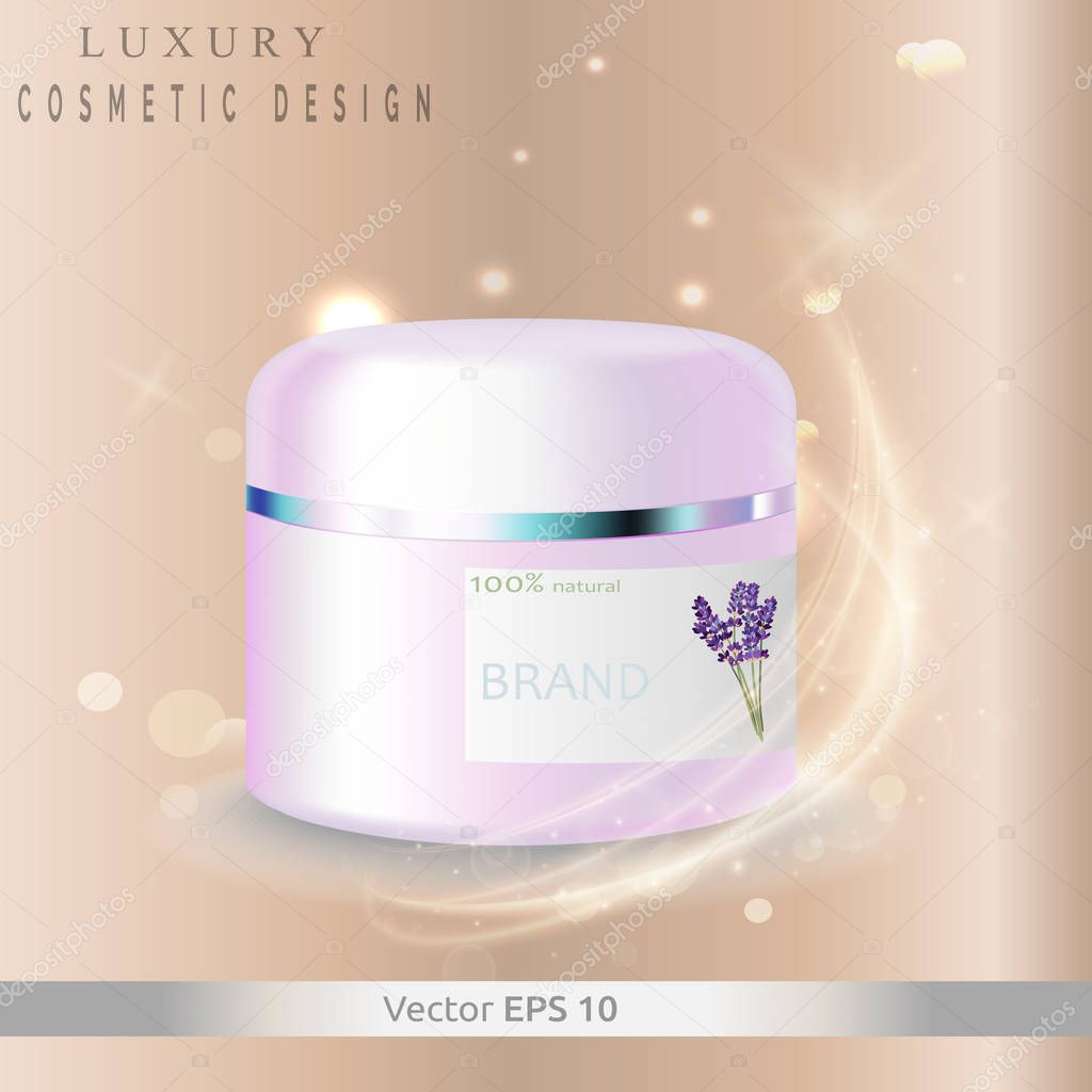 Vector layout plastic jar for cream or mousse, cosmetic. Lavender Face Cream - beautiful cosmetic poster. Product packaging. Cosmetic ads template