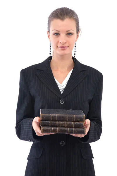 Zakenvrouw met oude boeken — Stockfoto