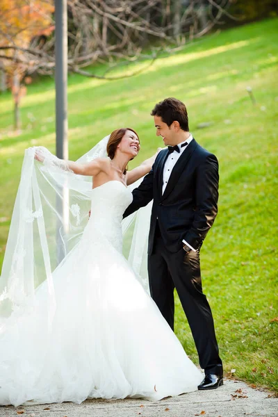 Casal Casamento Feliz Parque Dia Ensolarado — Fotografia de Stock