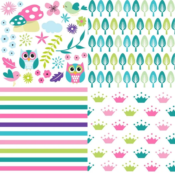 Cute Baby Girl Patterns Set — Stock Vector