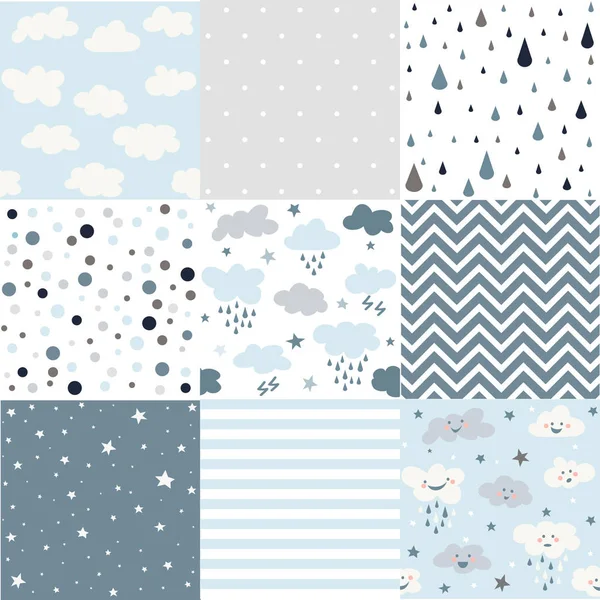 Vector Set Blue Cute Seamless Patterns Weather Design — Stock Vector