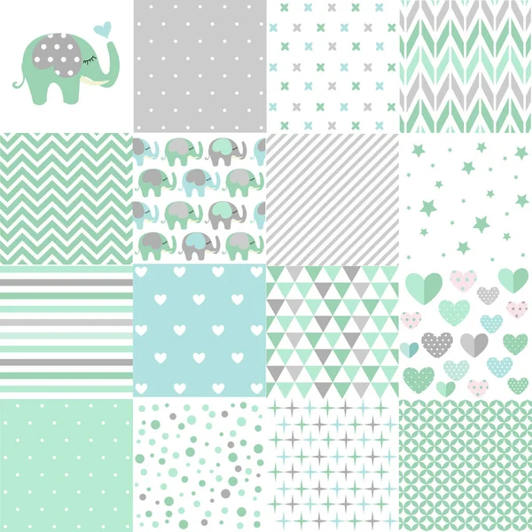 Set Baby Shower Patterns Seamless Pattern Vector Baby Elephant Vector — Stock Vector