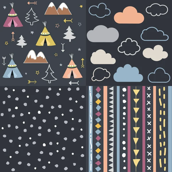 Wild Free Teepees Árboles Conjunto Patrones Nube — Vector de stock