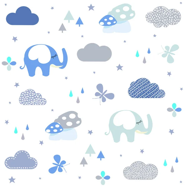 Patrón Sin Costura Ducha Bebé Con Elefante Lindo Nubes Mariposa — Vector de stock