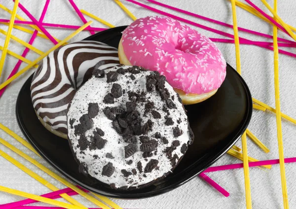 Three Sweet Donuts Chocolate White Sugared Icing — Stock Photo, Image