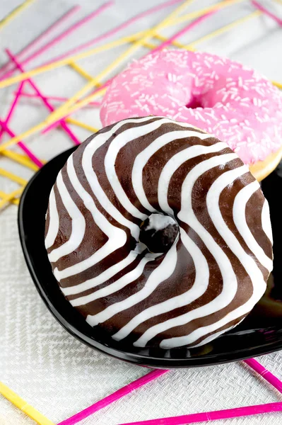 Sweet Donuts Chocolate White Sugared Icing — Stock Photo, Image