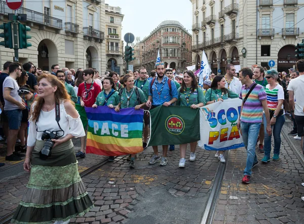 Turín Italia Junio 2018 Participantes Orgullo Gay Centro Ciudad Lema — Foto de Stock