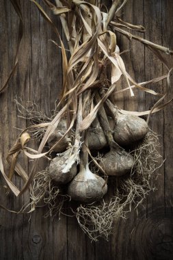 Ahşap arka plan üzerinde taze çiğ beyaz sarımsak Grup