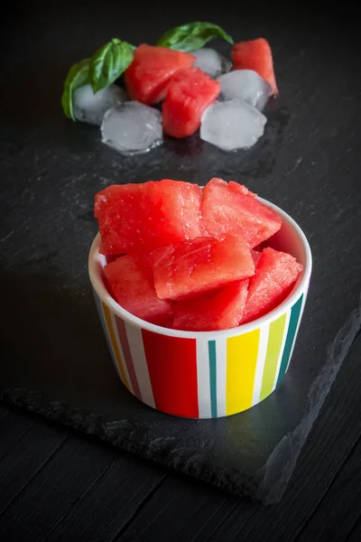 Red Sweet Watermelon Diced Little Cup Black Background — Stock Photo, Image