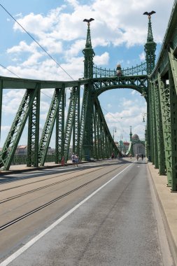 Budapeşte, Macaristan - 4 Ağustos, 2018: Özgürlük Köprüsü olan Tuna Nehri Buda ve Pest bağlanma. Son derece açık yayalar ve araçların trafiğe sabit.