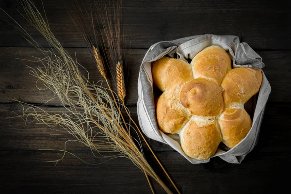 Star White Bread Rolls Brown Wooden Table Spike Corn — Stock Photo, Image
