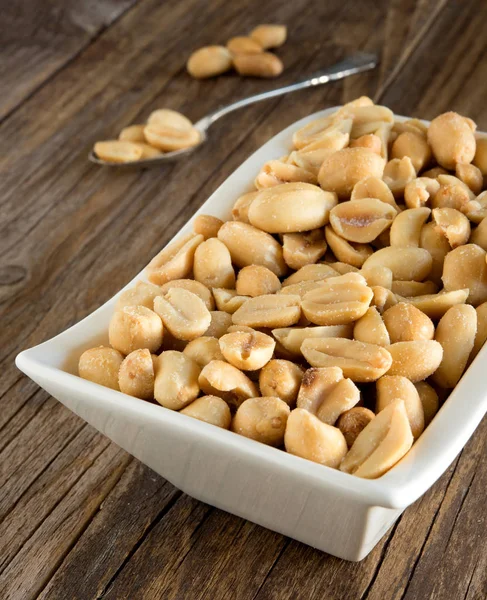 Bowl Salted Peanuts Old Wooden Table — Stock Photo, Image