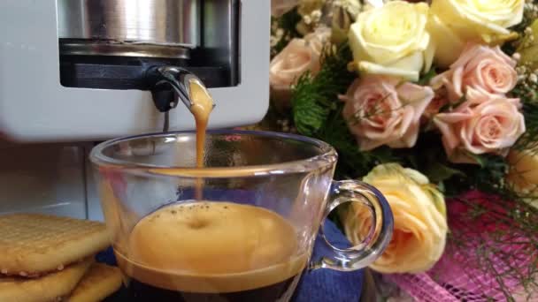 Ηλεκτρική Καφετιέρα Προετοιμάζει Καφέ Espresso Στο Γυαλί Κύπελλο — Αρχείο Βίντεο