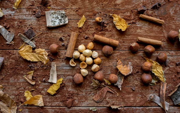 Pohled Shora Lískové Ořechy Bez Skořápky Skořice Pytel Dřevěný Stůl — Stock fotografie