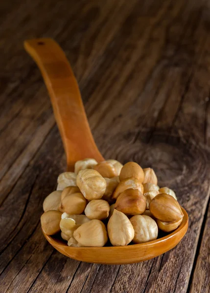 Large Spoon Olive Wood Shelled Hazelnuts — Stock Photo, Image