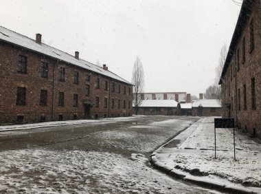 Nazi imha kampı Holocaust Memorial Auschwitz - Birkenau Kışın kar ile Krakow, Polonya - 2 Ocak, 2018:view