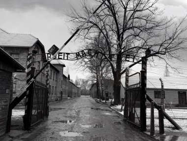 Nazi imha kampı Holocaust Memorial Auschwitz - Birkenau Kışın kar ile Krakow, Polonya - 2 Ocak, 2018:view