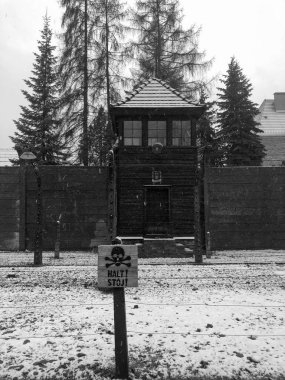 Nazi imha kampı Holocaust Memorial Auschwitz - Birkenau Kışın kar ile Krakow, Polonya - 2 Ocak, 2018:view