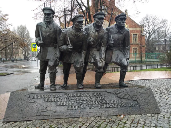 Cracovia Polonia Enero 2018 Estatua Cuatro Legionarios Homenaje Los Hombres — Foto de Stock