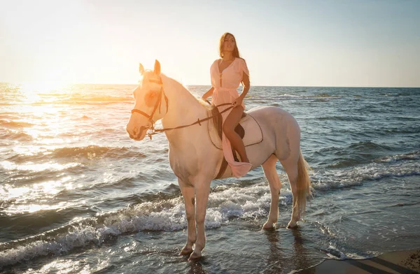 Młoda piękna dziewczyna z białym koniem na plaży o zachodzie słońca Zdjęcia Stockowe bez tantiem