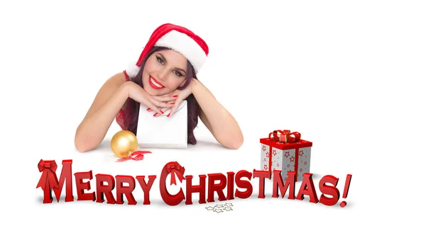 Beautiful Woman Red Underwear Christmas Hat Posing White Background Merry — Stock Photo, Image