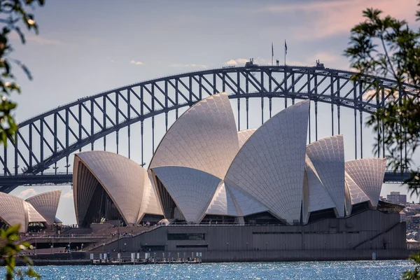 Sydney Opera House Med Sydney Harbour Bridge Bakom Tagna Sydney — Stockfoto