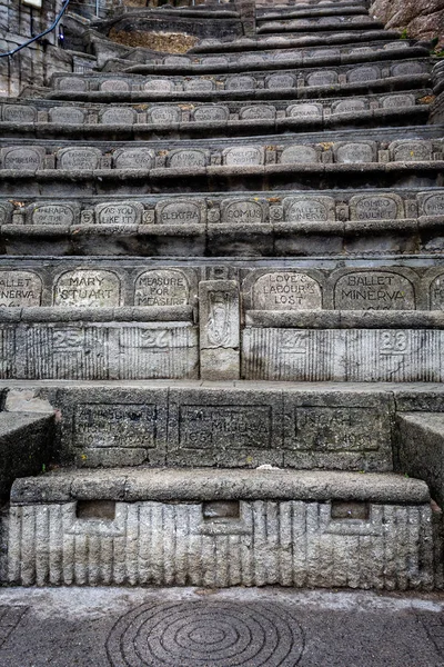 Minack Theatre Play Names Engraved Stone Seating Cornwall Taken September — Stock Photo, Image