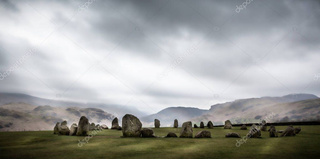 Misty view of Castlerigg Stone Circle taken at Castlerigg, Cumbria, UK on 13 April 2015