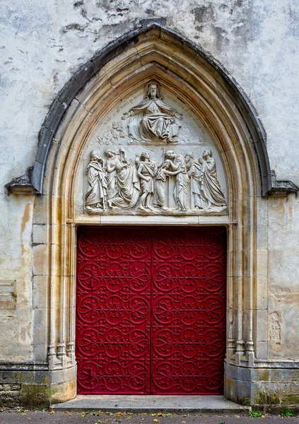 Ornate Red Door Beautiful Carvings Urse Church Montbard Burgundy France — Stock Photo, Image