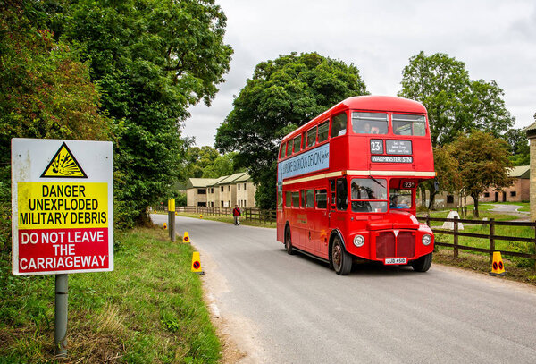 Red Routemaster London double decker bus, Imberbus day classic bus service between Warminster and Imber Village taken in Imber, Wiltshire, UK on 18 August 2018