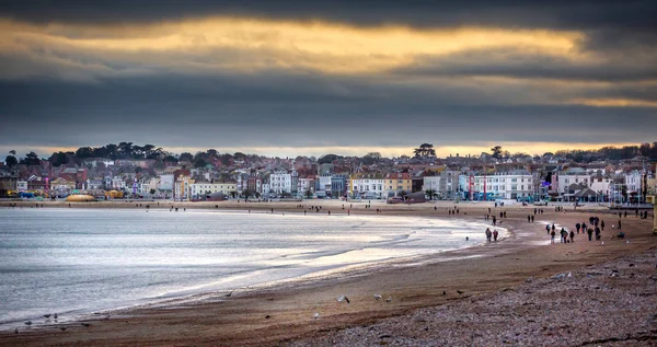 Pôr Sol Inverno Sobre Weymouth Beach — Fotografia de Stock