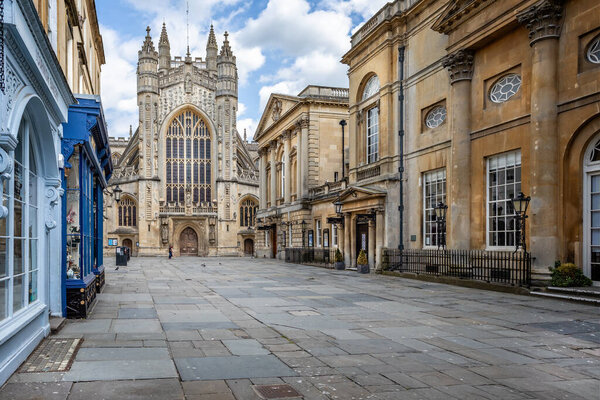View looking down Abbey Churchyard to Bath Abbey deserted due to Coronavirus pandemic in Bath, Somerset, UK on 16 May 2020
