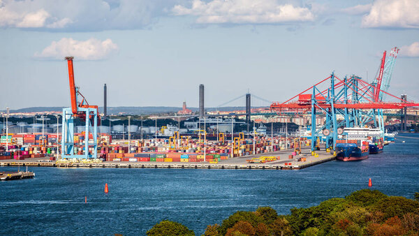 Container port full of containers in Gothenburg, Sweden on 26 July 2019