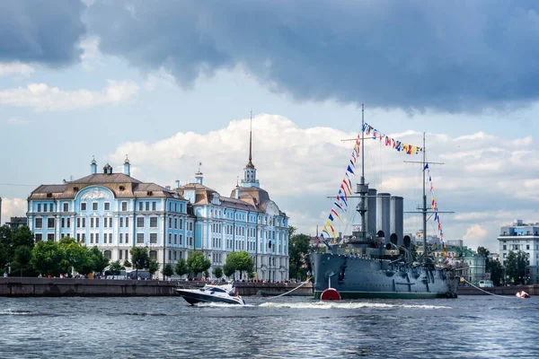 Russian Cruiser Aurora Festooned Flags River Neva Petersburg Russia July — Stock Photo, Image